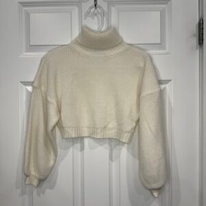 Zaful Cream White Cropped Turtleneck Sweater Balloon Sleeve Knit Top Size Small